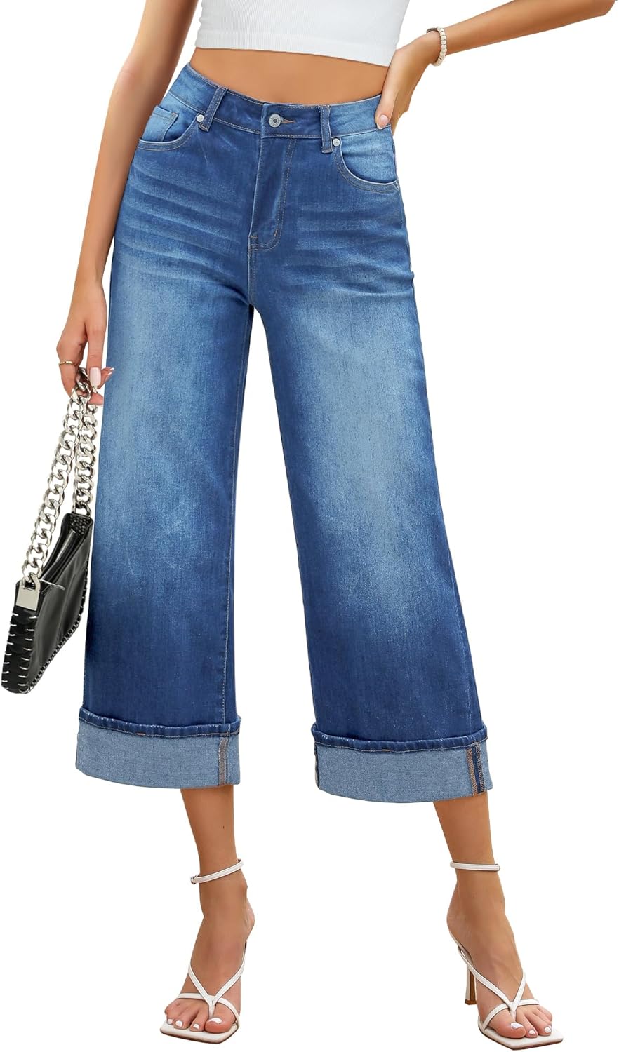 Wide Leg Jeans for Women High Waisted Stretchy Denim Crop Pants