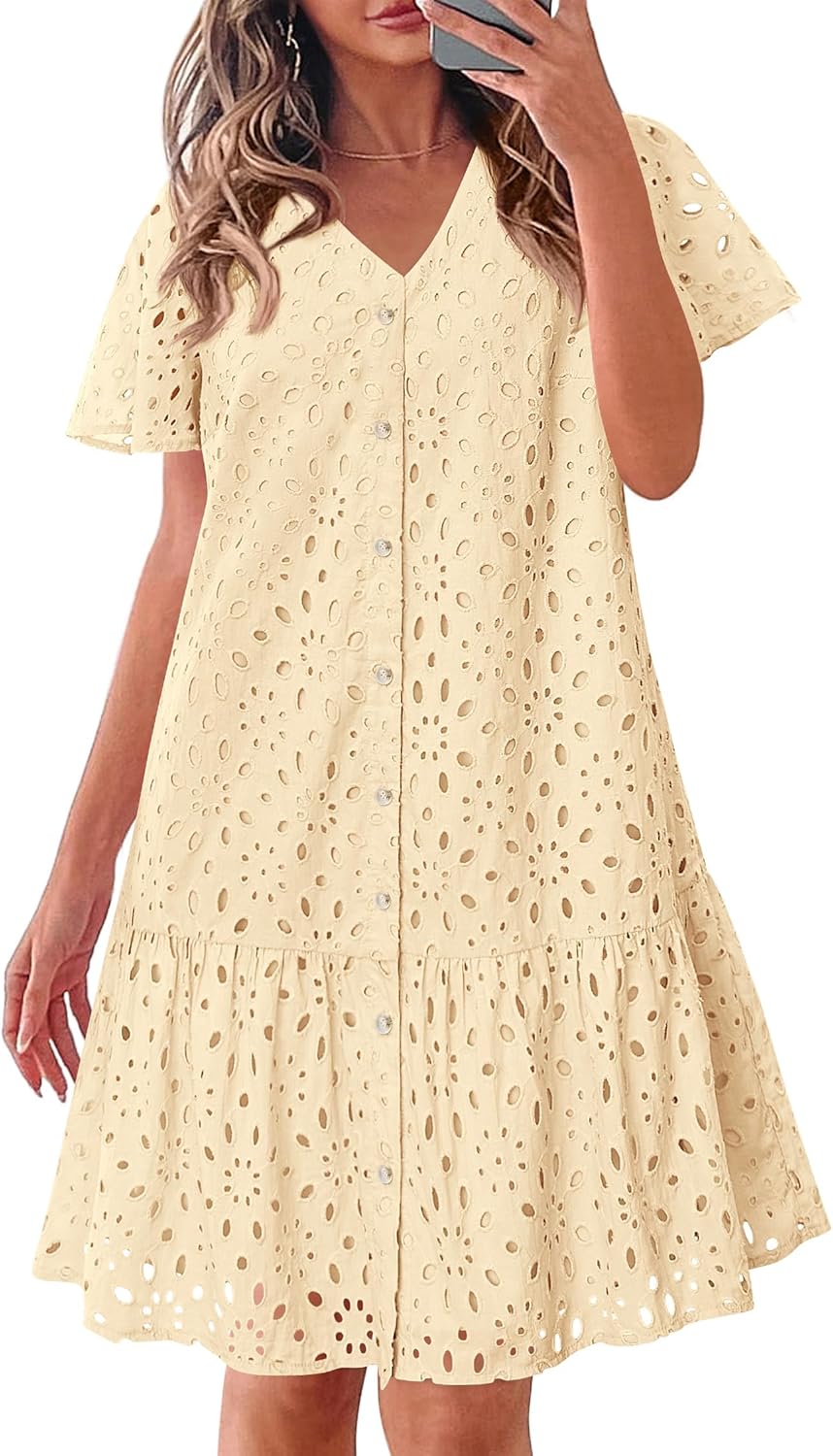 KIRUNDO Summer Dresses for Women 2025 Eyelet Button Down V Neck