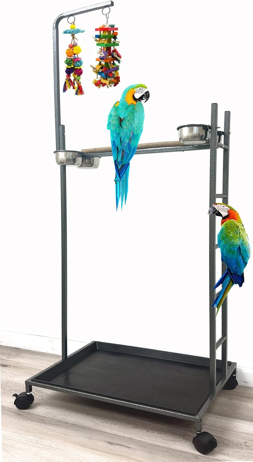 X-Large Parrot Natural Perch Stand with Climbing Ladder and Bowls