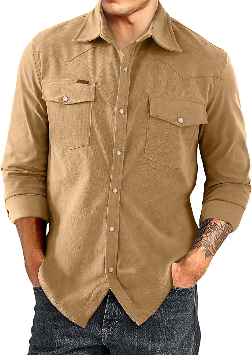 JMIERR Men's Corduroy Shirt Casual Western Long Sleeve Shacket