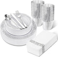 Silver Rimmed Disposable Dinnerware Set 210pcs - Heavy Duty Party