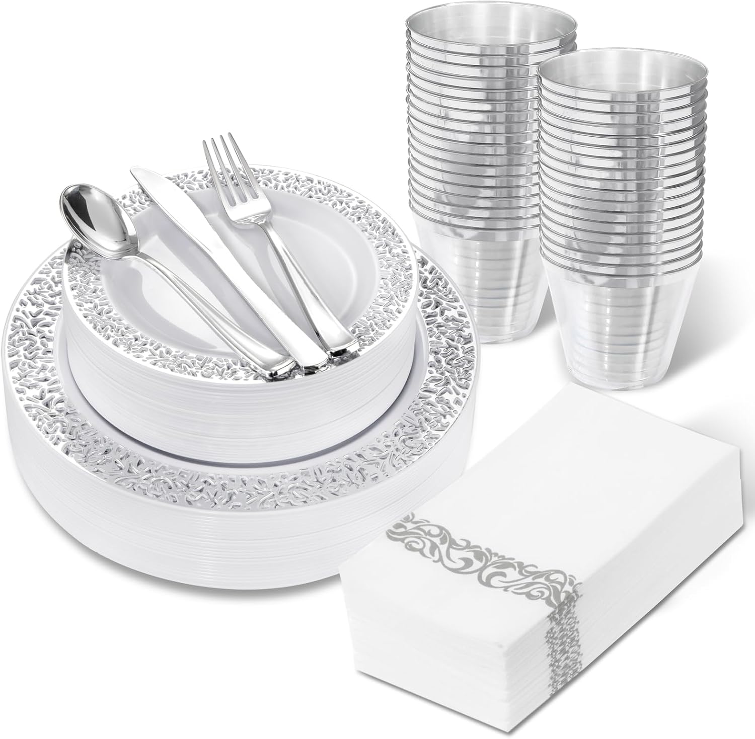 WELLIFE 210pcs Dinnerware Set - Elegant Silver Rimmed Plates