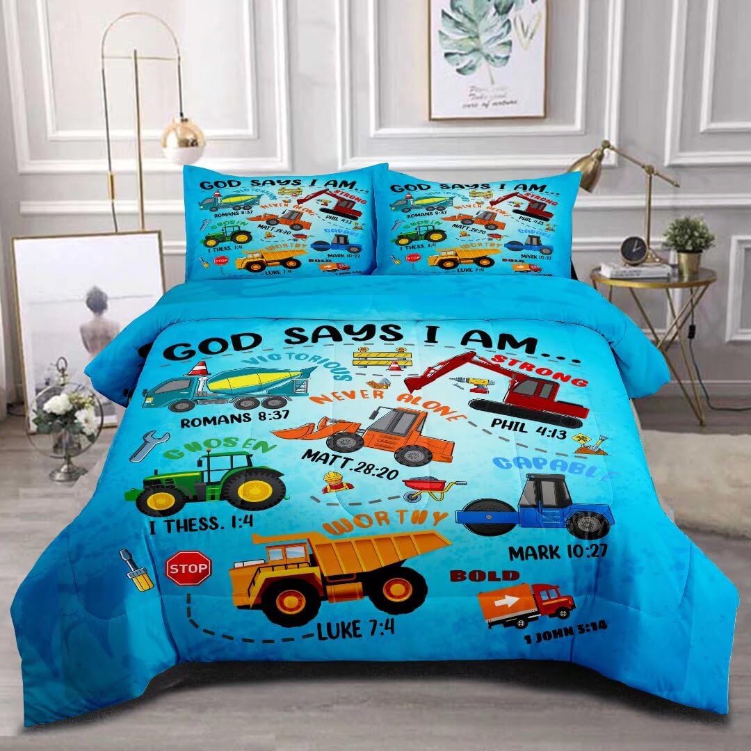Boys Construction Vehicles Truck Comforter Set for Queen Beds
