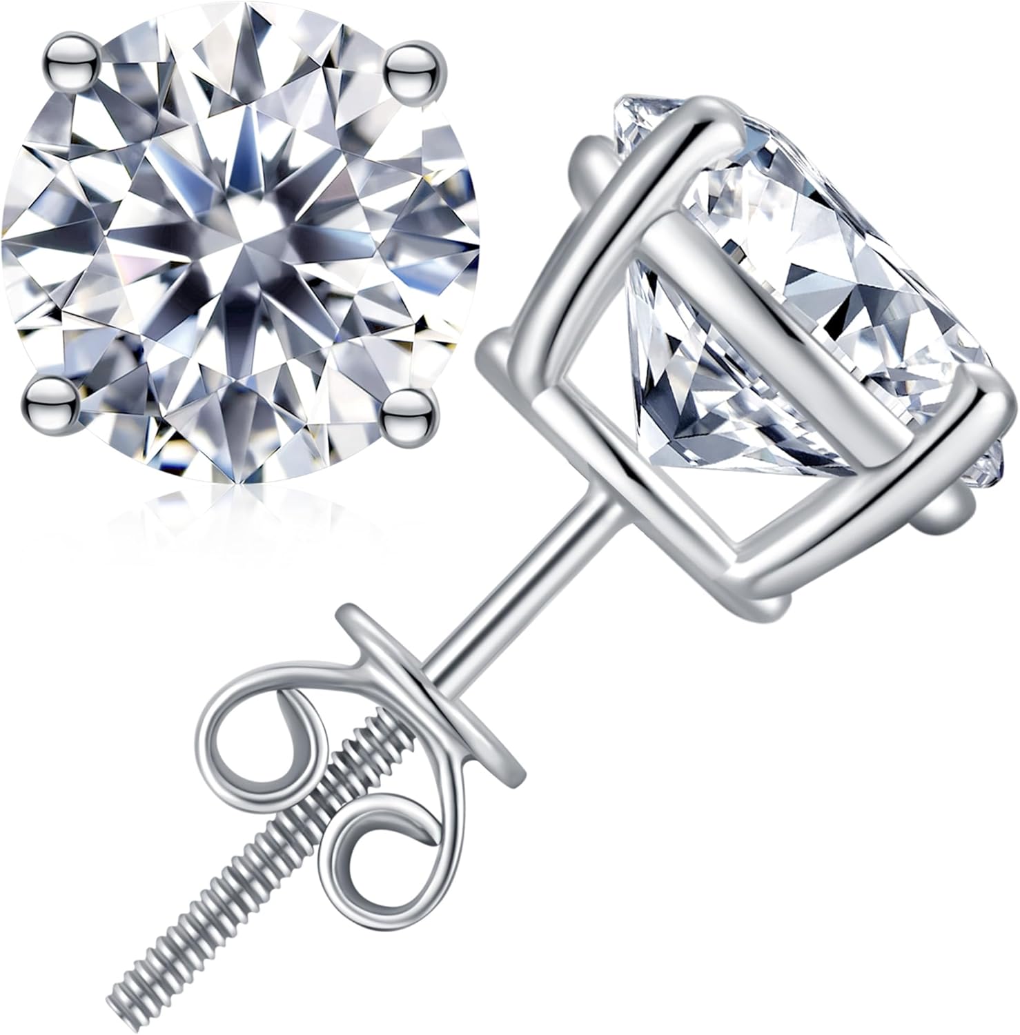 Moissanite Stud Earrings in 18K White Gold Plated Silver