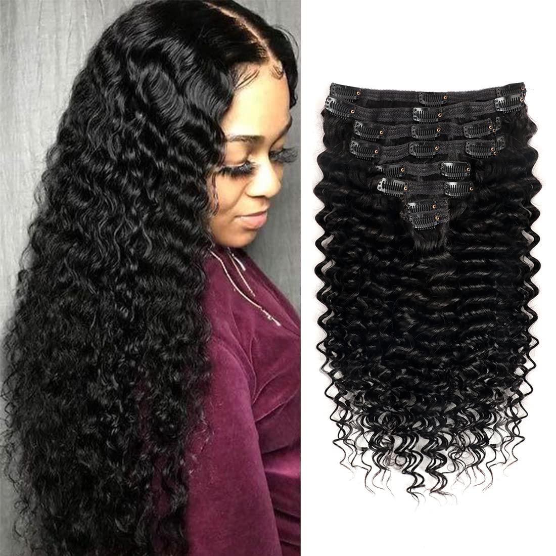 Deep Wave Clip in Hair Extensions for Natural Black Hair