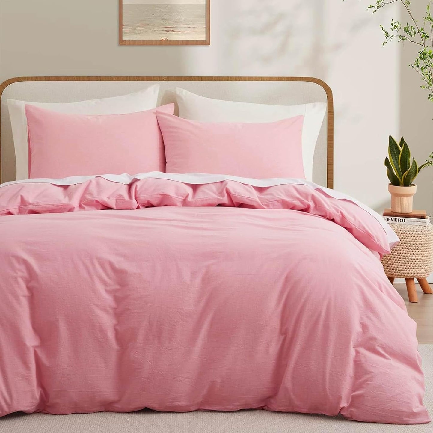 LOVQUE Pink Duvet Cover Full Size with Zipper Closure and Ties