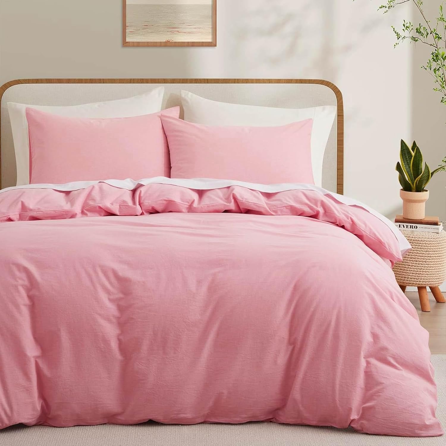 LOVQUE Pink Duvet Cover Full Size with Zipper Closure and Ties