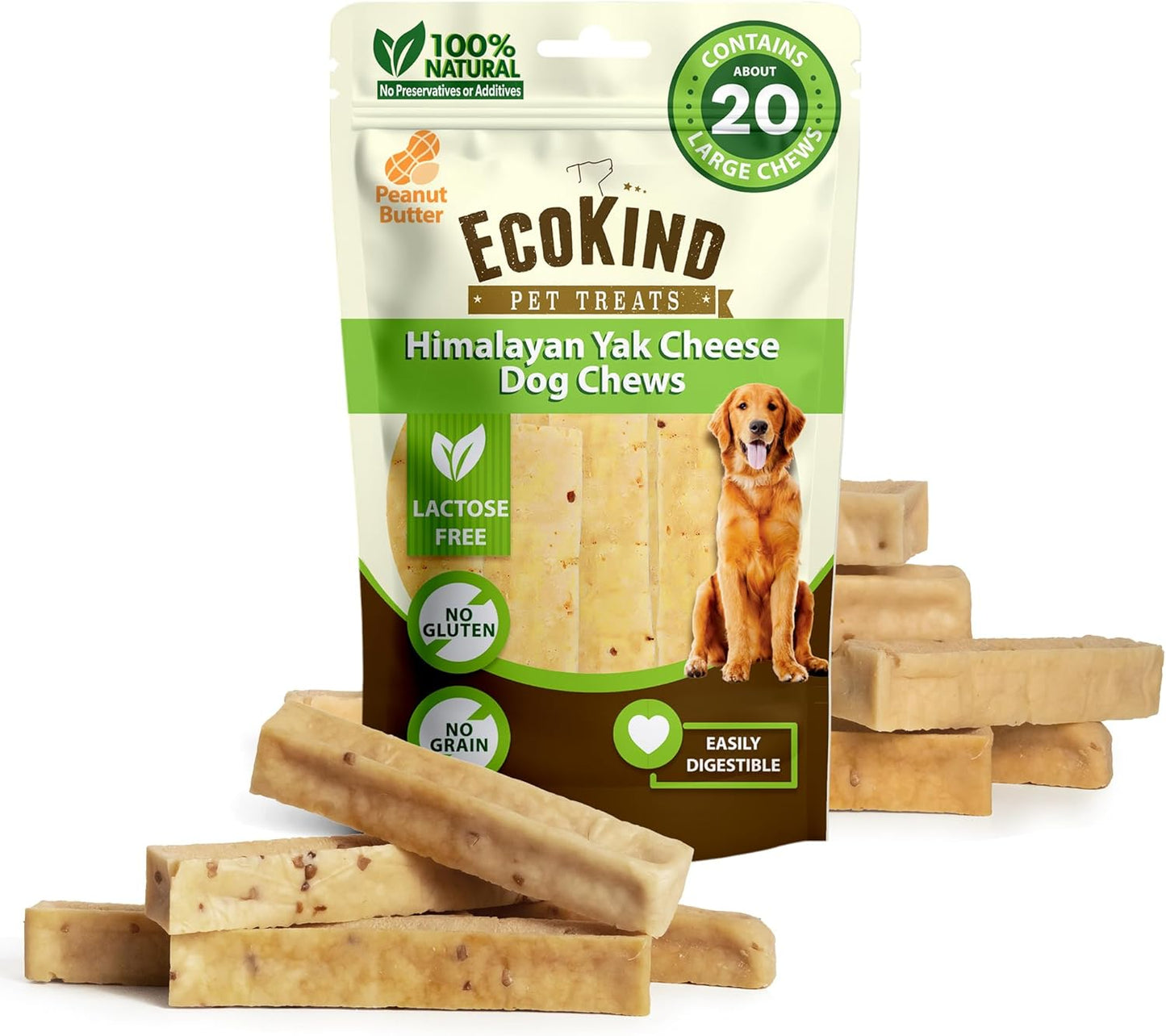 EcoKind Premium Gold Yak Cheese Chews for Large Dogs - 18+ Chews