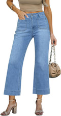 Wide Leg Cropped Jeans High Waisted Stretchy Denim