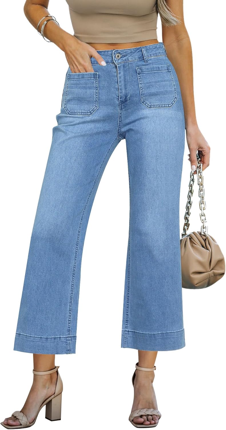 Wide Leg Cropped Jeans for Women - High Waisted Stretchy Denim