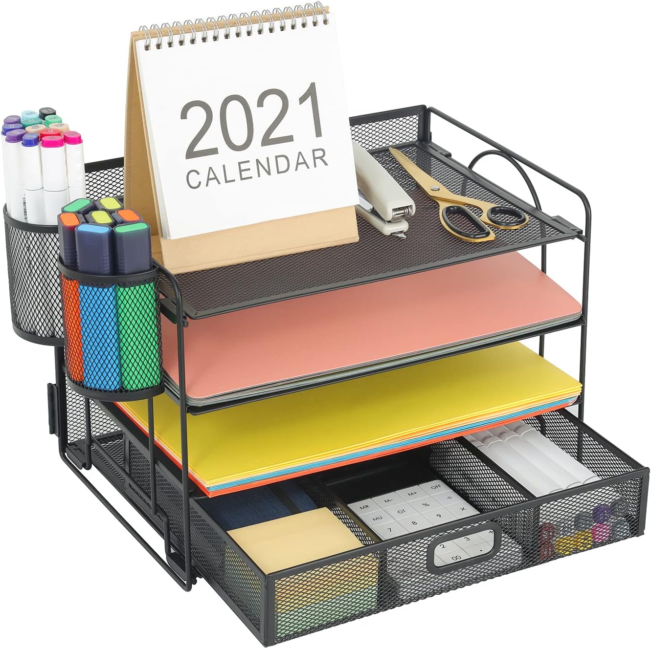 Marbrasse Desk Organizer: 4 Trays + Drawer for Home Office