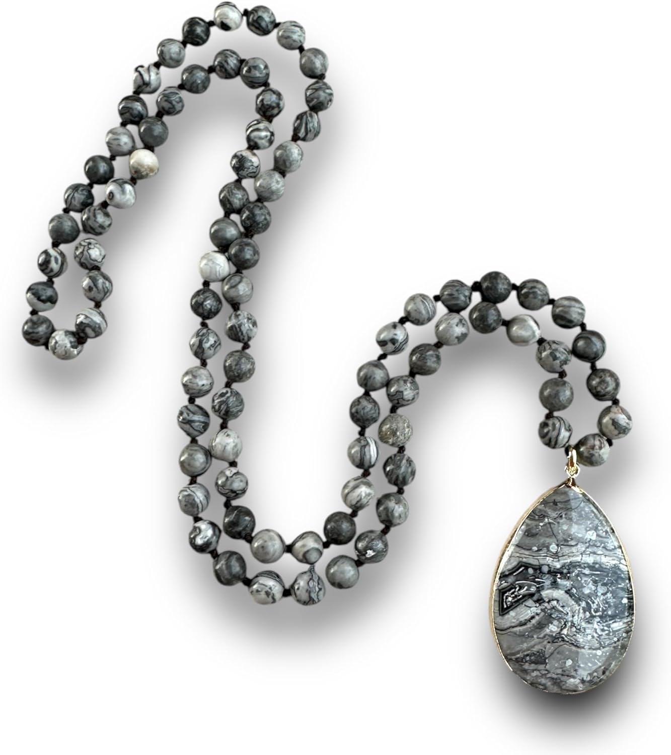 Long Genuine Stone Beads and Pendant Necklace for Women
