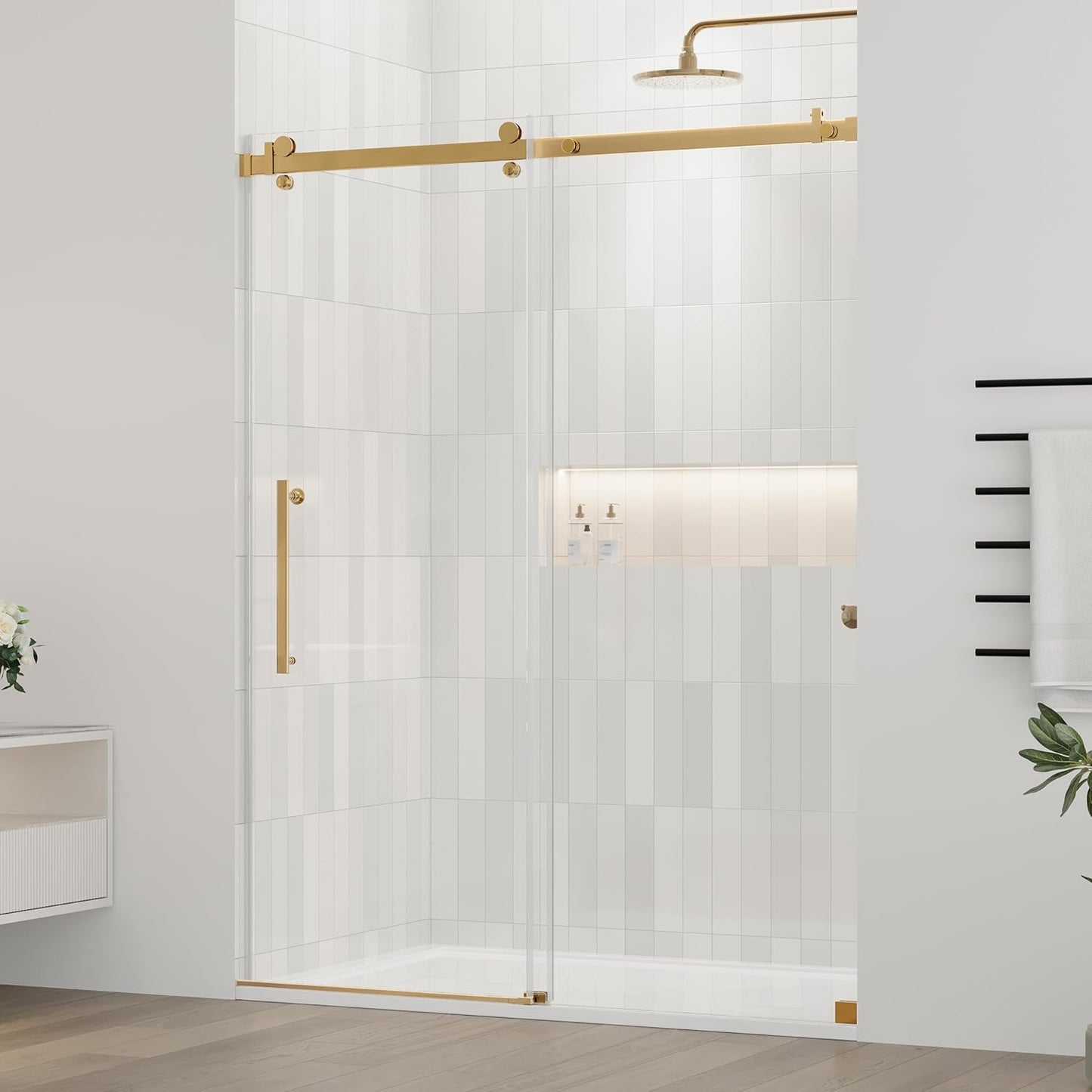 Frameless Shower Door with Gold Finish and Easy Sliding Design