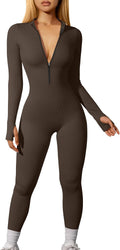 Women Yoga Jumpsuits Ribbed Long Sleeve Zip Front - Stretchy Fit