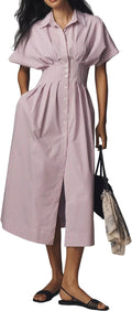 Women's Striped Button Front Pleated Maxi Shirt Dress for Summer