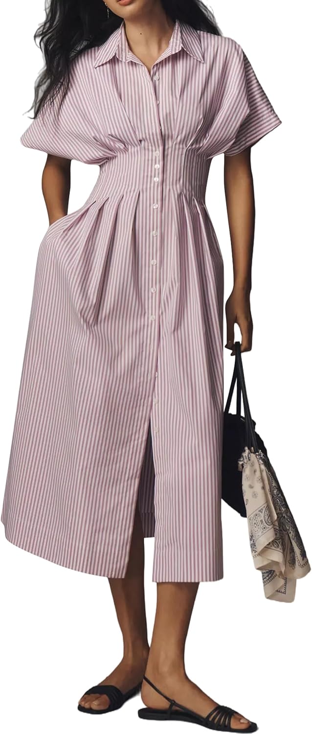 Women's Striped Button Front Pleated Maxi Shirt Dress for Summer