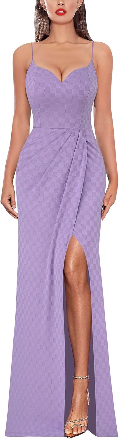 VFSHOW Womens Sexy Formal Ruched Fitted High Slit Maxi Dress