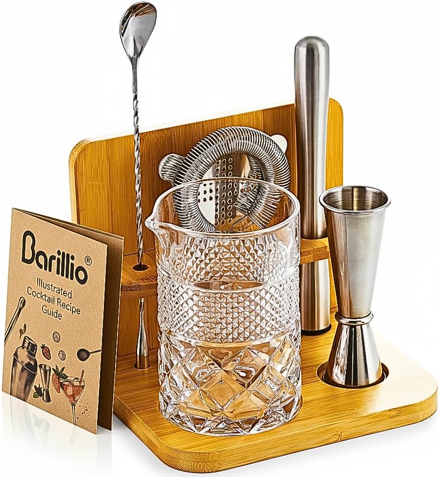 24 Oz Crystal Cocktail Mixing Glass Set with Bamboo Stand
