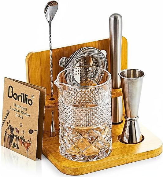 24 Oz Crystal Cocktail Mixing Glass Set with Bamboo Stand
