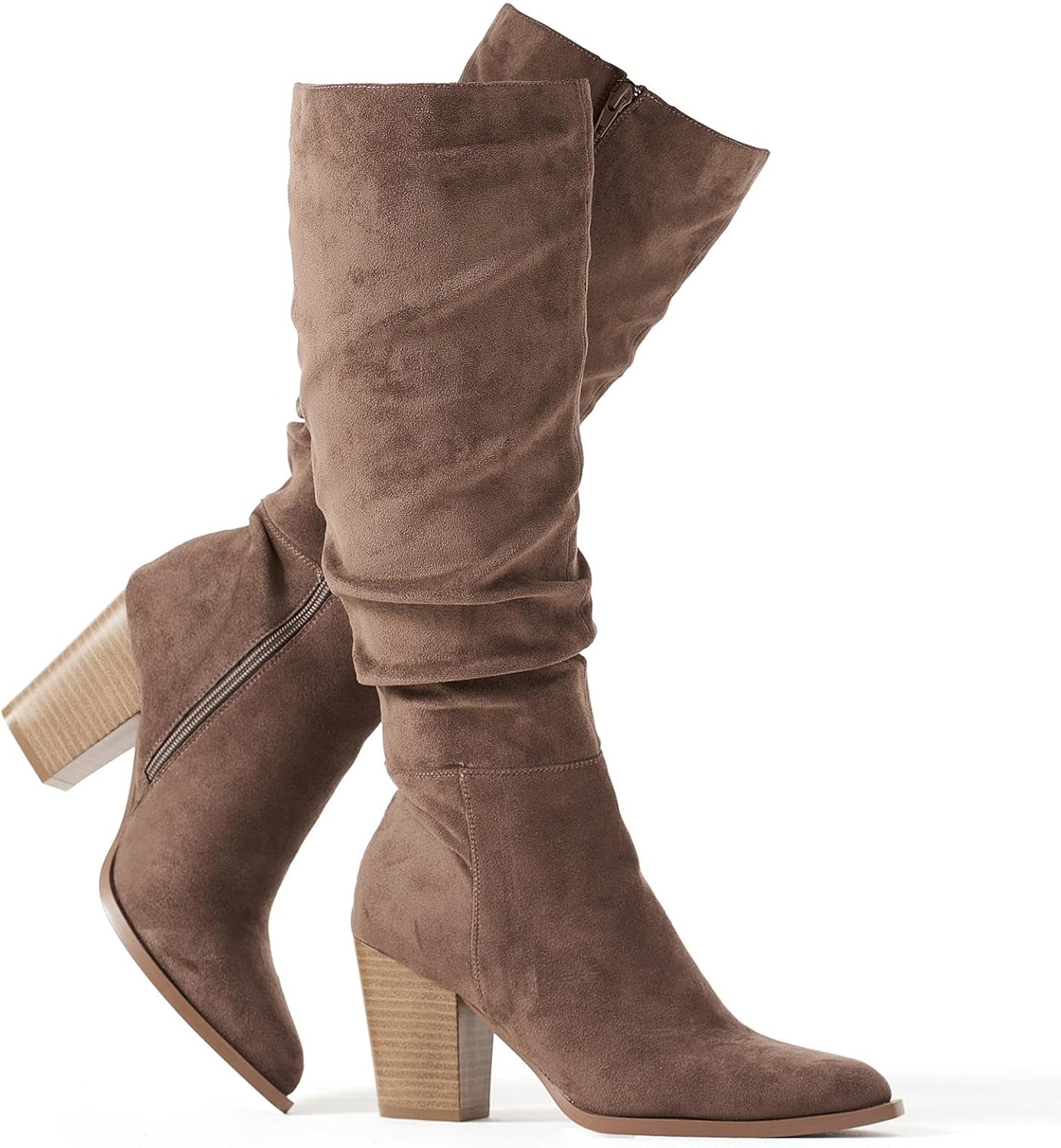 Putu Women's Pointed Toe Knee High Boots with Chunky Heel