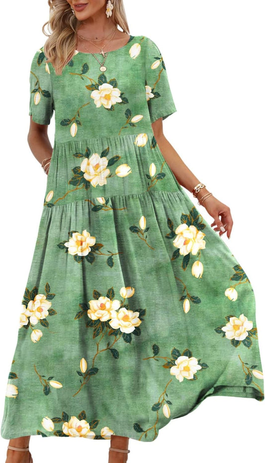 YESNO Women Casual Loose Bohemian Floral Dress with Pockets