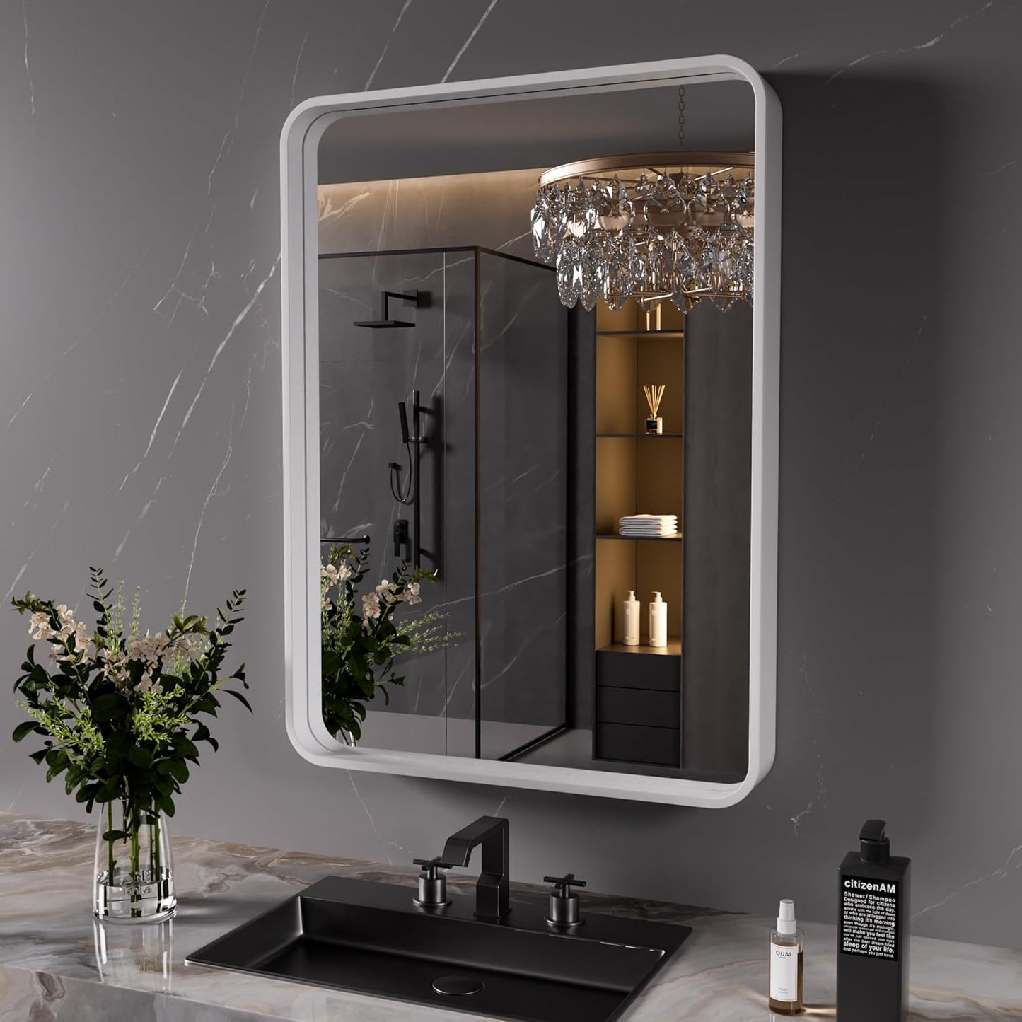 White Bathroom Mirror 24x36 Inch with Rounded Rectangle Design