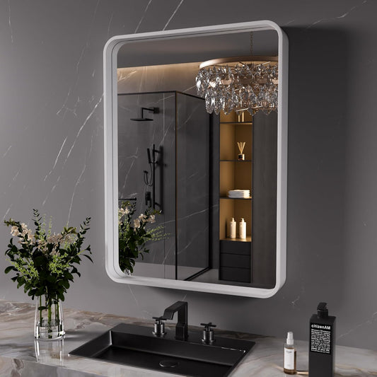 White Bathroom Mirror 24x36 Inch with Rounded Rectangle Design
