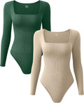 OQQ Women's Ribbed Square Neck Bodysuits - 2 Pack Comfortable Fit