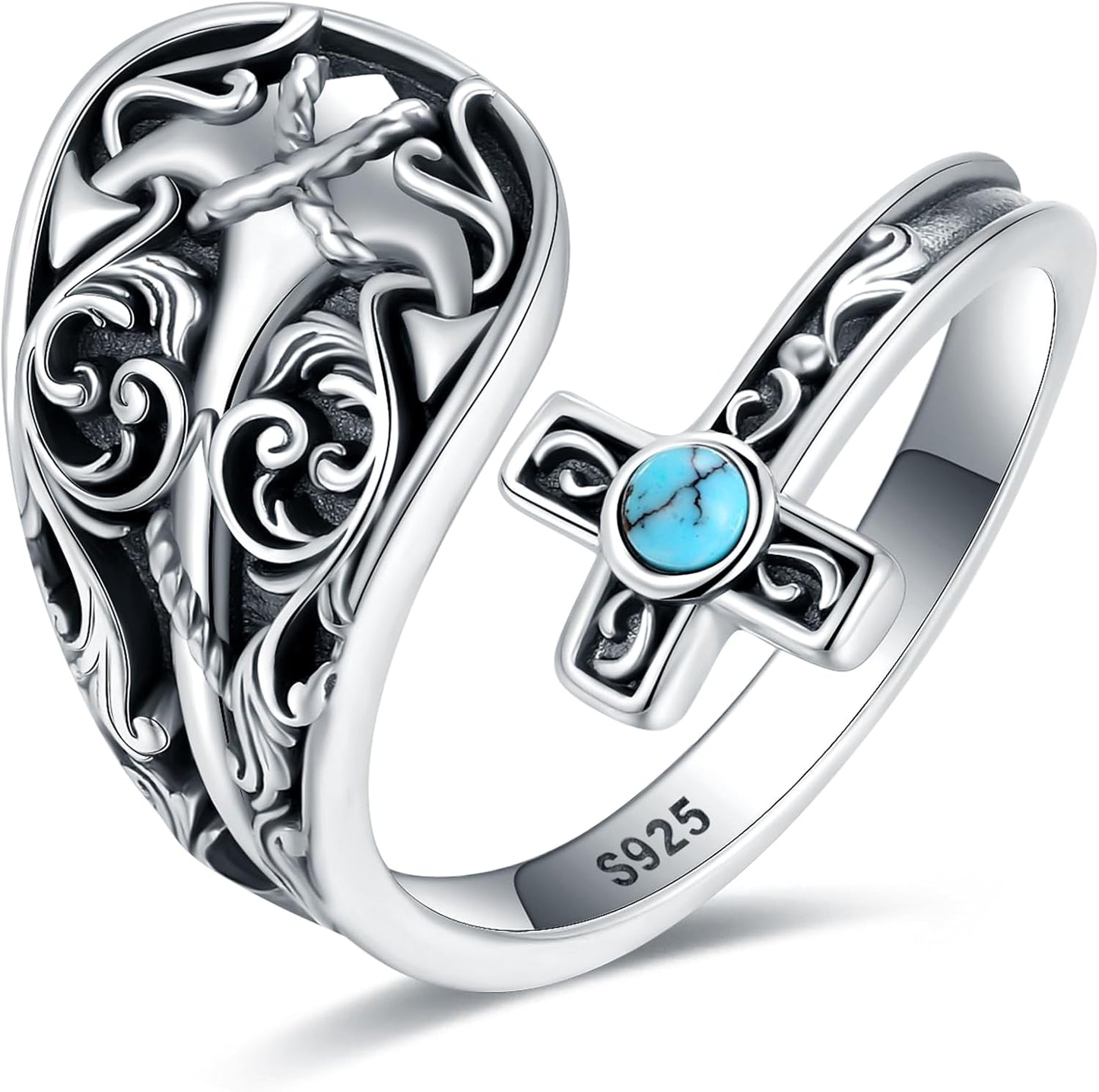 S925 Sterling Silver Abalone Dragonfly Turquoise Spoon Ring
