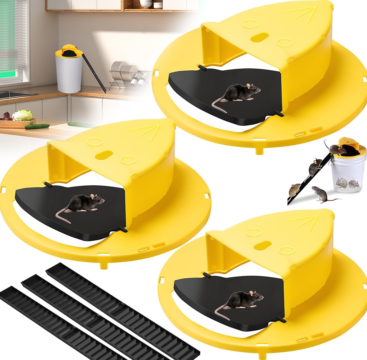 Auto Reset Bucket Mouse Trap, Humane & Reusable 3 Pack