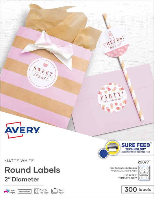 Avery 2 Matte White Round Labels - 300 Customizable Labels