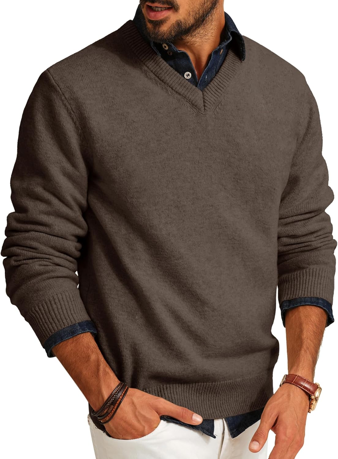 PJ PAUL JONES Mens V Neck Pullover Lightweight Wool Blend Sweater
