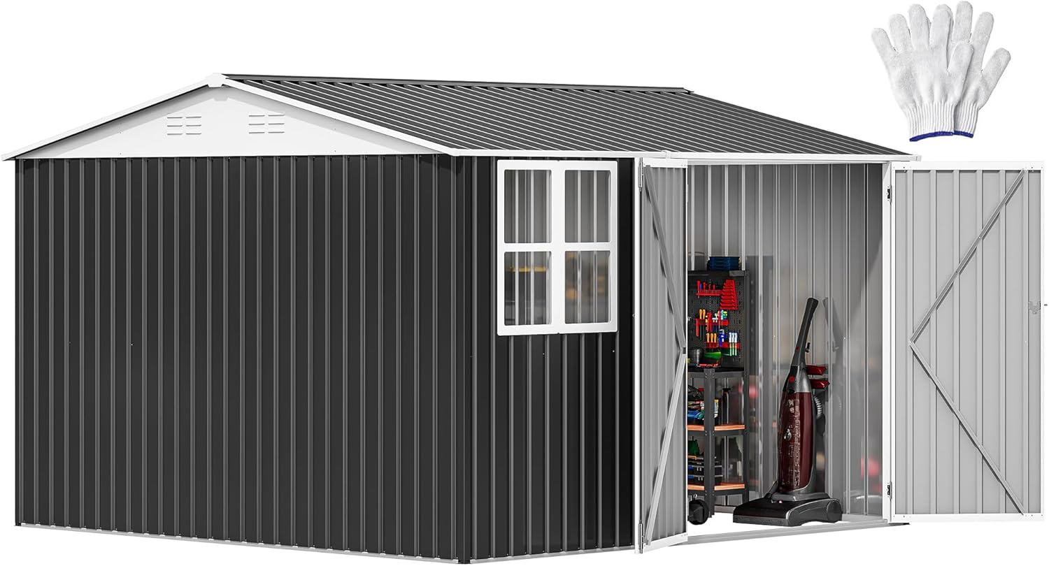 DWVO 10x10ft Metal Outdoor Storage Shed for Secure Tool Storage