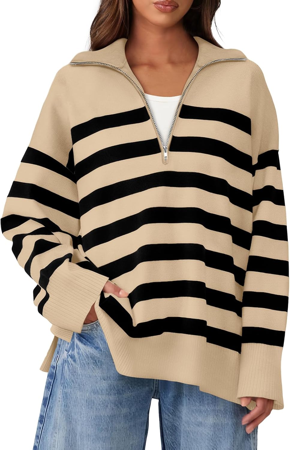 WIHOLL Womens Long Sleeve Half Zip Stripe Pullover Sweater