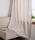 Boho Beige Curtains 84 in Length - Tassel Striped Cotton Linen Panels