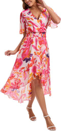 Kormei Womens Short Sleeve Floral Maxi Dress High Low V-Neck