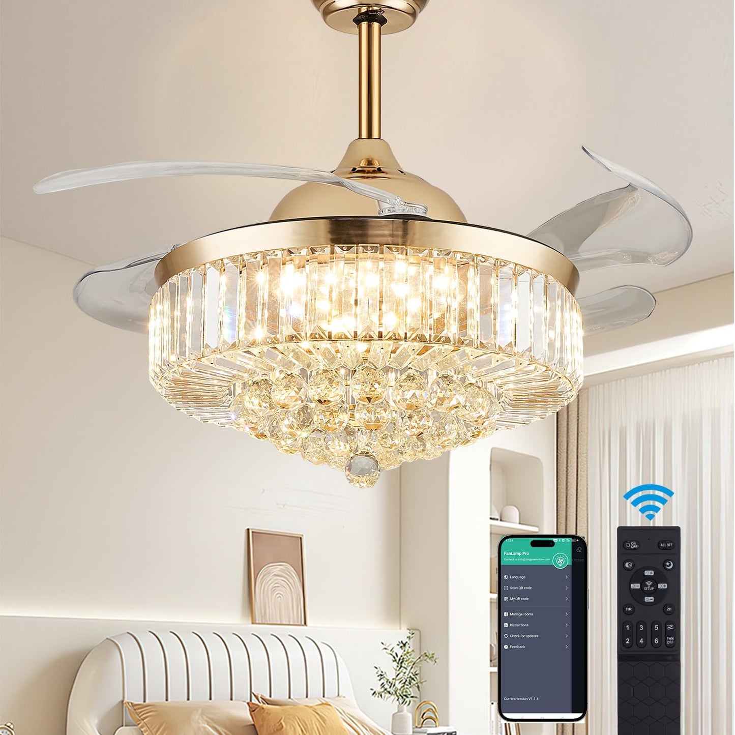 Dimmable Crystal Ceiling Fan with Light and Remote Control