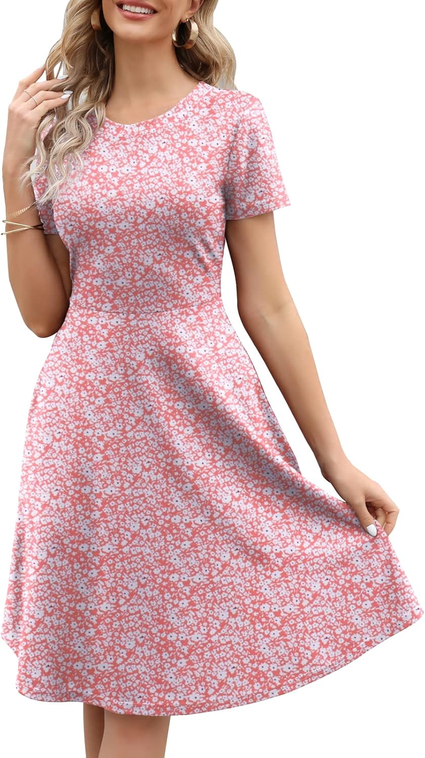 Women's Elegant Knee Length Floral Print Swing Dress with Pockets