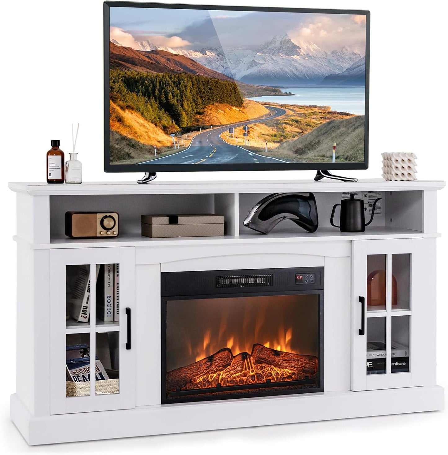 Modern White Fireplace TV Stand: 65 TV, Remote Control, Adjustable Brightness