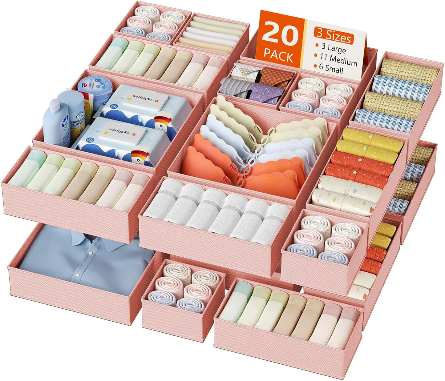 DIMJ Drawer Organizer Clothes - 20 Pack Foldable Storage Bins