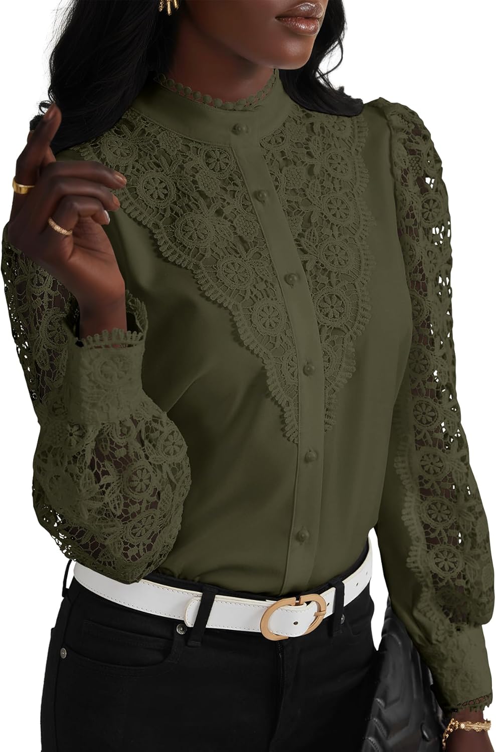 Elegant Women's Lace Crochet Mock Neck Long Sleeve Blouse Top