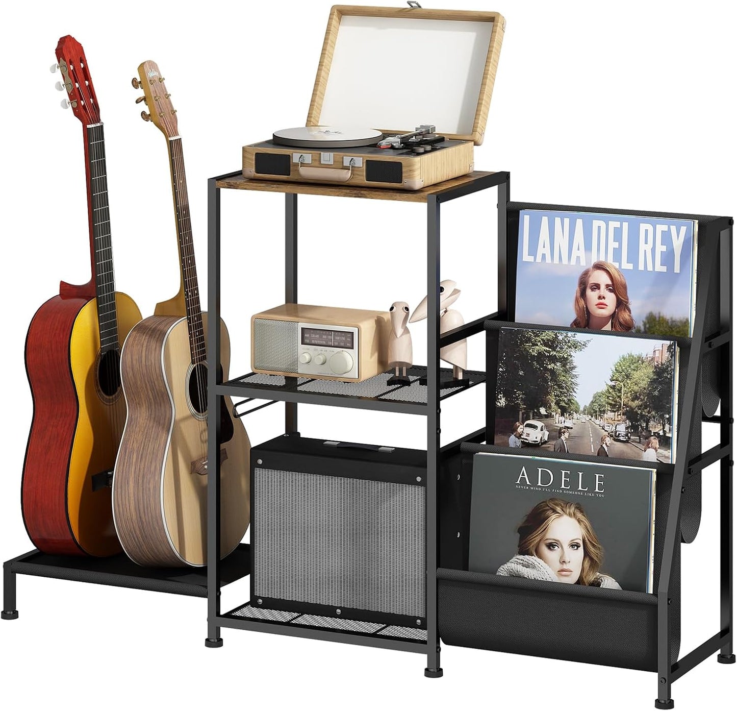 Multi-functional Guitar Stand with Vinyl Record Storage Rack