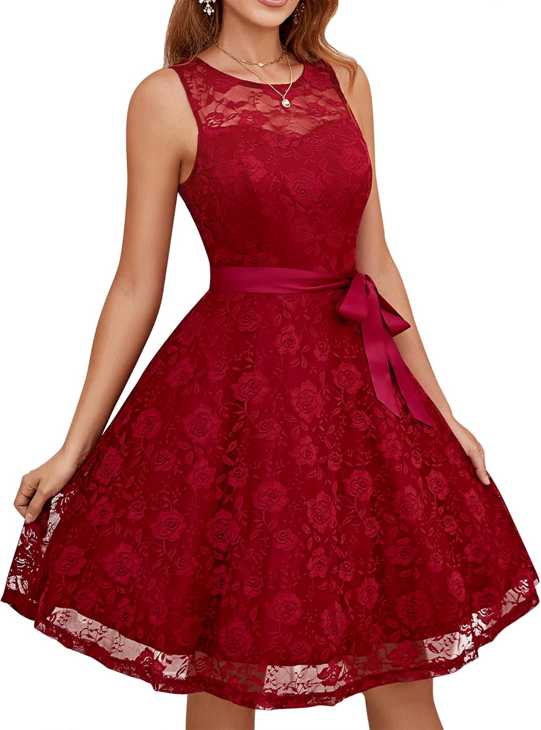 Floral Lace Short Bridesmaid Dress with Sheer Neckline Style