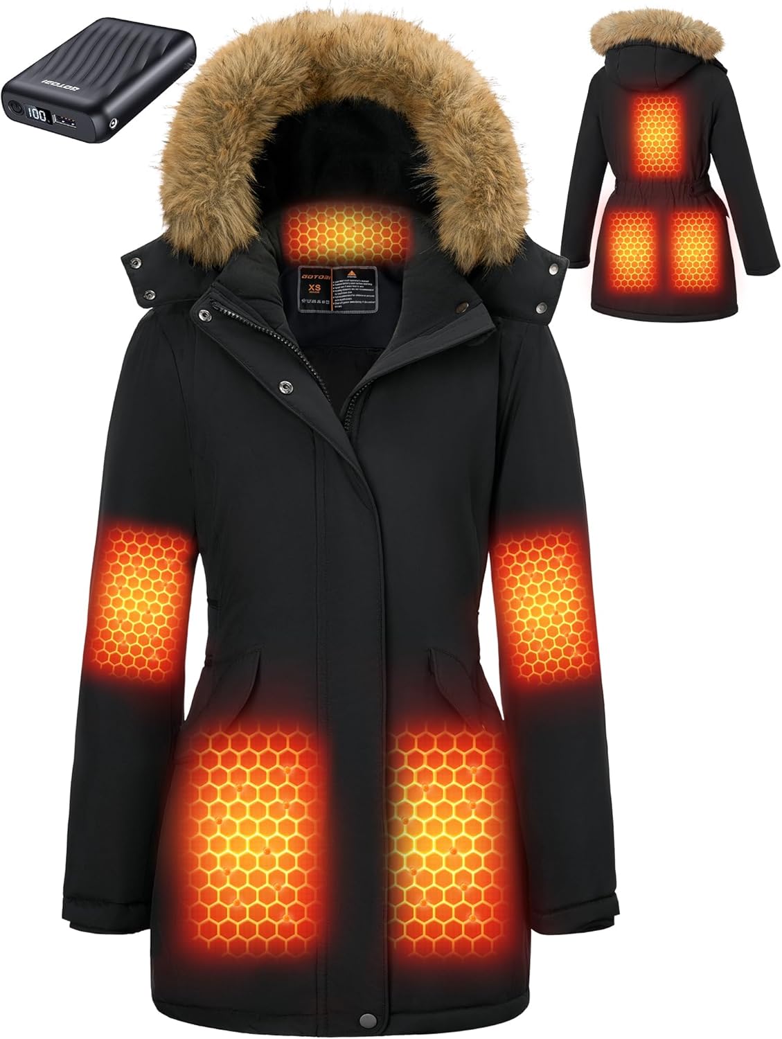 Graphene Long Heated Jacket for Women with Detachable Hood