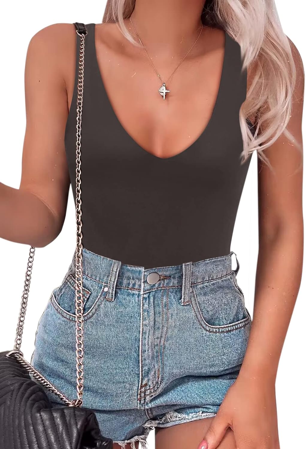 SAUNGKUAI Womens Bodysuit with Plunge Deep V Neck Design