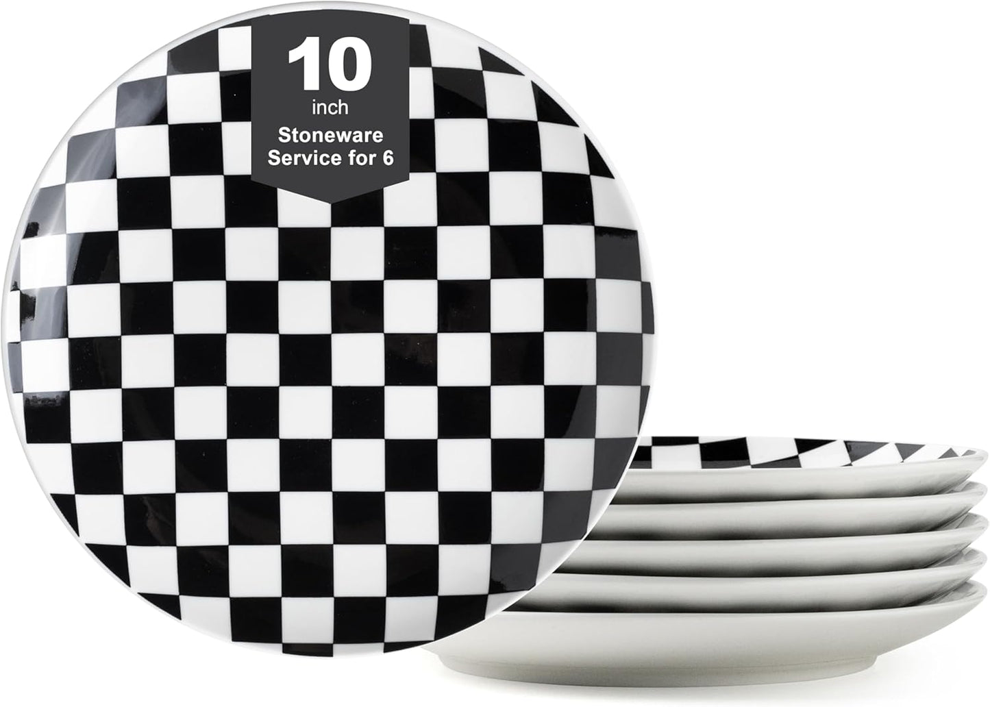 Ceramic Dinner Plates Set of 6-10 Inch Black and White Checkered