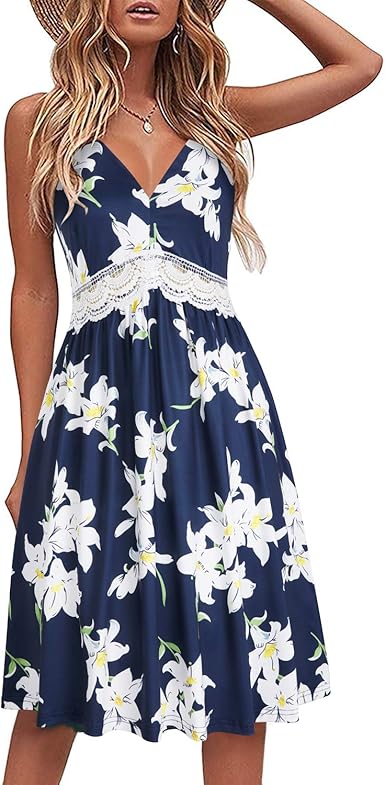 LAISHEN Women's Summer Beach Dress Floral Spaghetti Strap V Neck