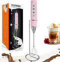 Pink Handheld Milk Frother Wand with Stand - USB Rechargeable Frother