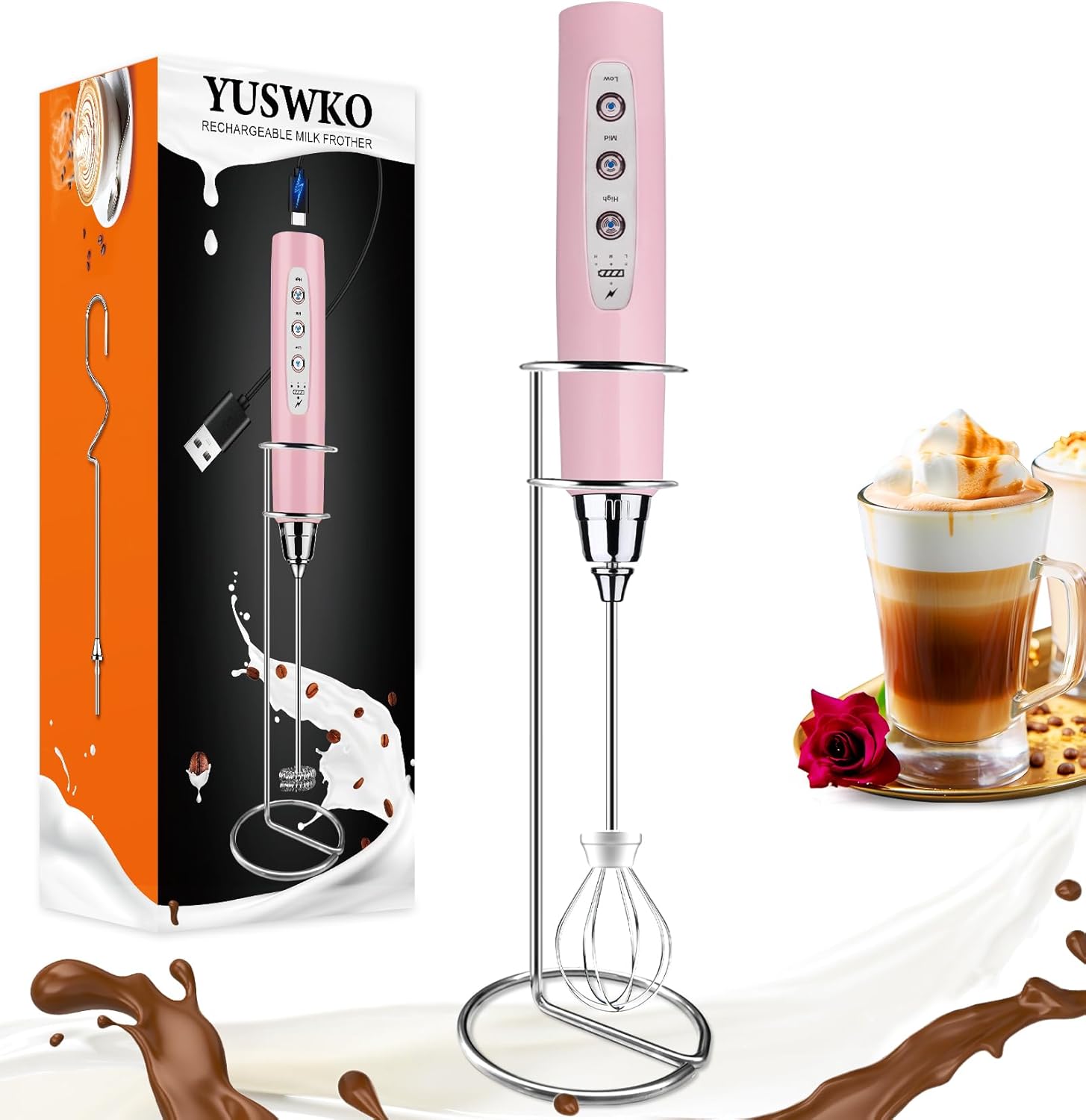 YUSWKO Pink Handheld Milk Frother Wand for Coffee Lovers