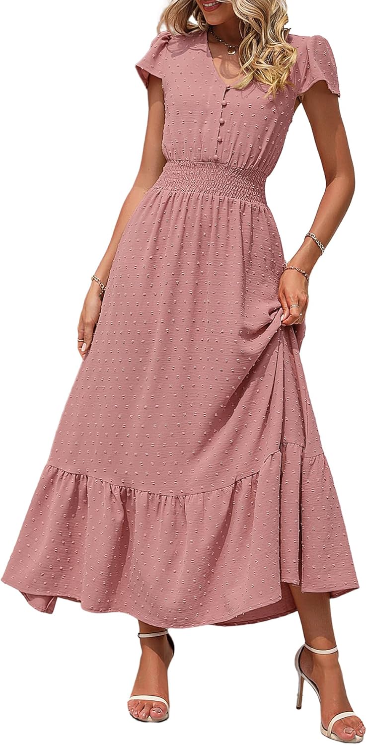 PRETTYGARDEN Womens Summer Maxi Dress Boho Short Sleeve V Neck